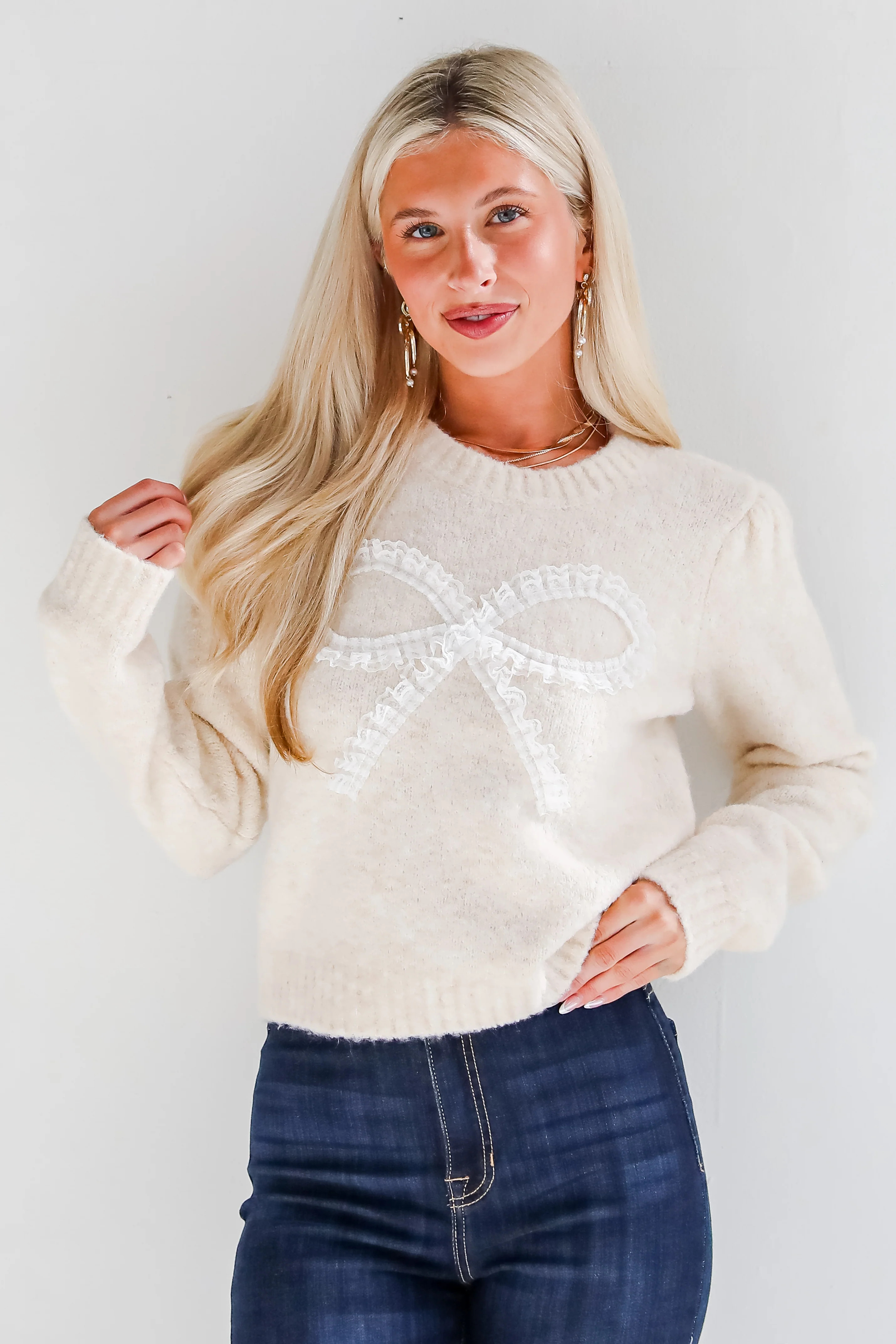 Cute Cream Lace Bow Sweater | Holiday Party Outfits | DressUp | Dress Up