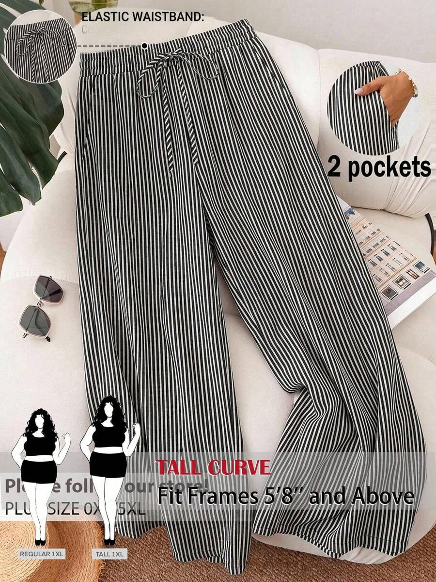 SHEIN Tall CURVE CURVE Plus Size Women's Tall Striped Casual Soft Form Pants, High-Waisted Wide-Leg, Elegant Old Money Style Black And White Autumn Vacation | SHEIN