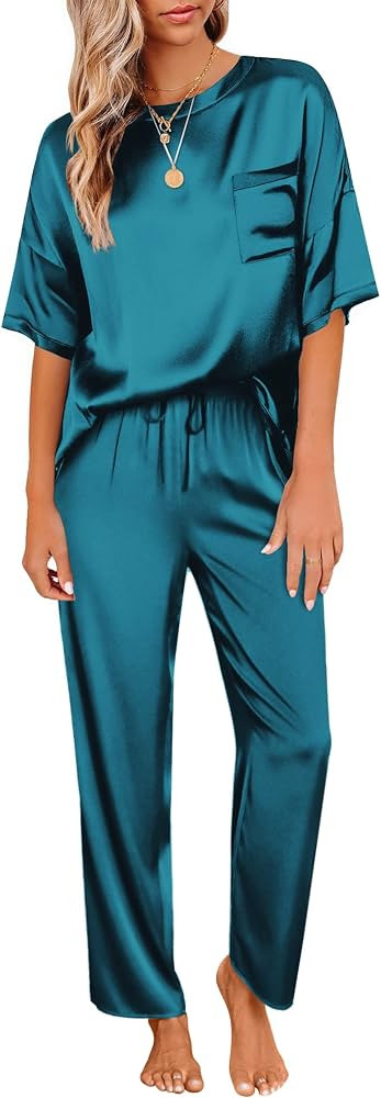 Ekouaer Women's Satin Silky Pajama Set Short Sleeve T-shirt with Long Pajama Pant Se... | Amazon (US)