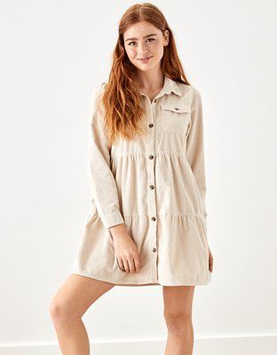 AE Corduroy Button-Up Babydoll Shirt Dress | American Eagle Outfitters (US & CA)