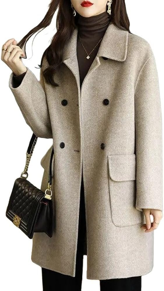Women's Casual Thicken Double Breasted Pea Coat Mid Long Wool Coats with Pockets Women Mid Peacoa... | Amazon (US)