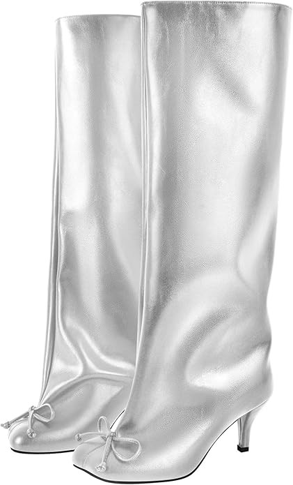 LISHAN Women's Square Toe Bowknot Knee High Boots Pull On Slouchy Boot Kitten Heels | Amazon (US)