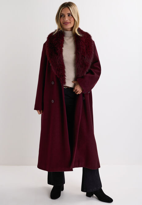 Womens Burgundy Coat with Faux Fur Detachable Collar | Peacocks