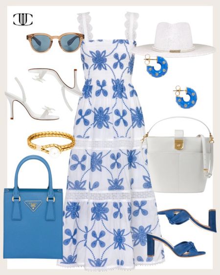 This look is so crisp and cool with the blue and water color palette.  A lovely look to wear for the hot days ahead of us. 

Midi dress, heels, block heels, eyewear, sunglasses, leather handbag, bucket bag, 

#LTKstyletip #LTKshoecrush #LTKover40