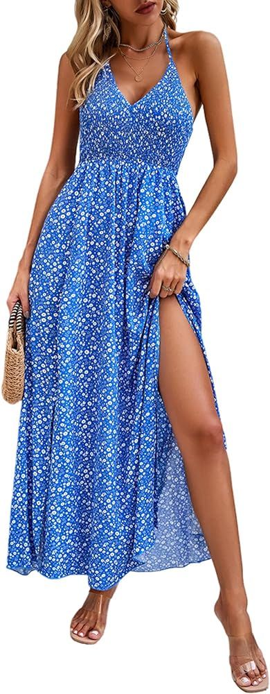 Womens Floral Backless Spaghetti Strap Halter Dress Long Flowy Summer Beach Maxi Dresses Sundress... | Amazon (US)