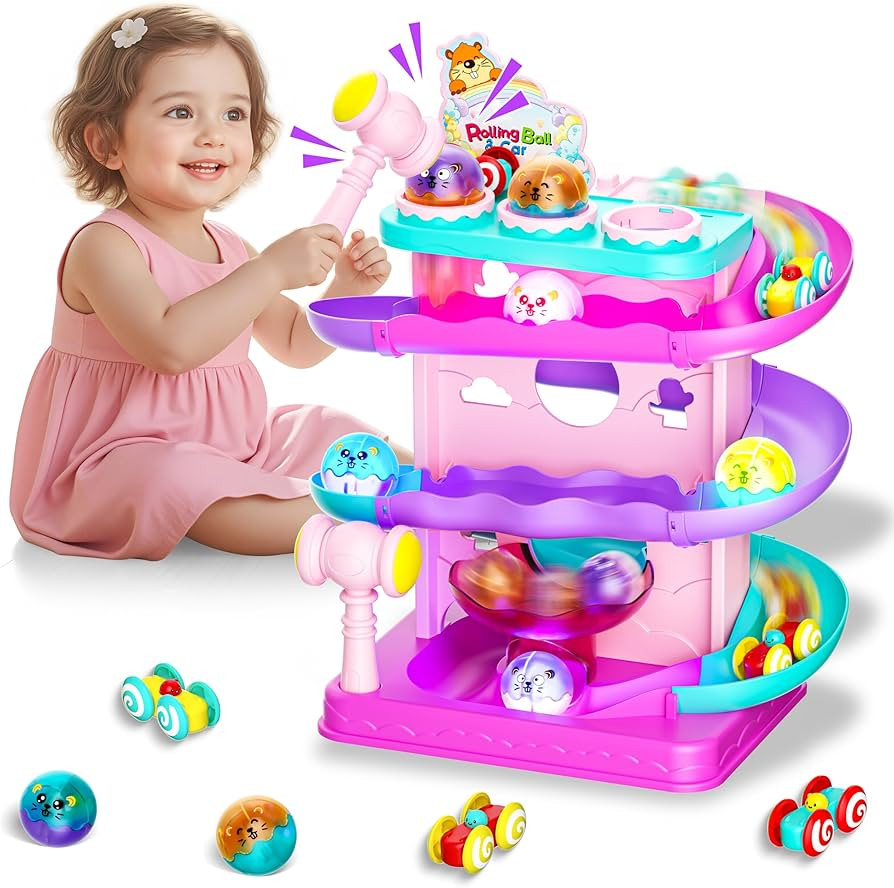 Funwee 2-in-1 Ball & Racing Car Ramp Toy for Toddlers, Race Track Hammer Rolling Lights Ball Drop... | Amazon (US)
