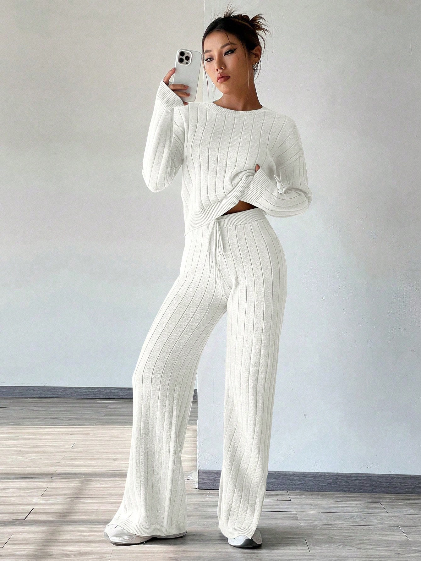 Drop Shoulder Sweater & Drawstring Waist Knit Pants | SHEIN