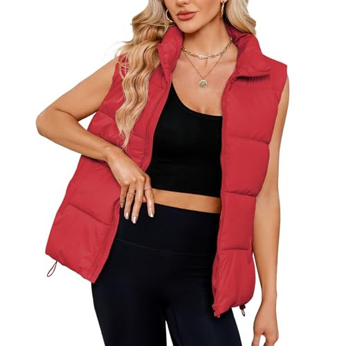 Century Star Red Puffer Vest for Women's Outerwear Vests Puffy Oversized 2024 Quilted Vest Top Jacket Coat Warm Fall Winter Gilet Sleeveless Zip Girls Puffer Vest Small | Amazon (US)