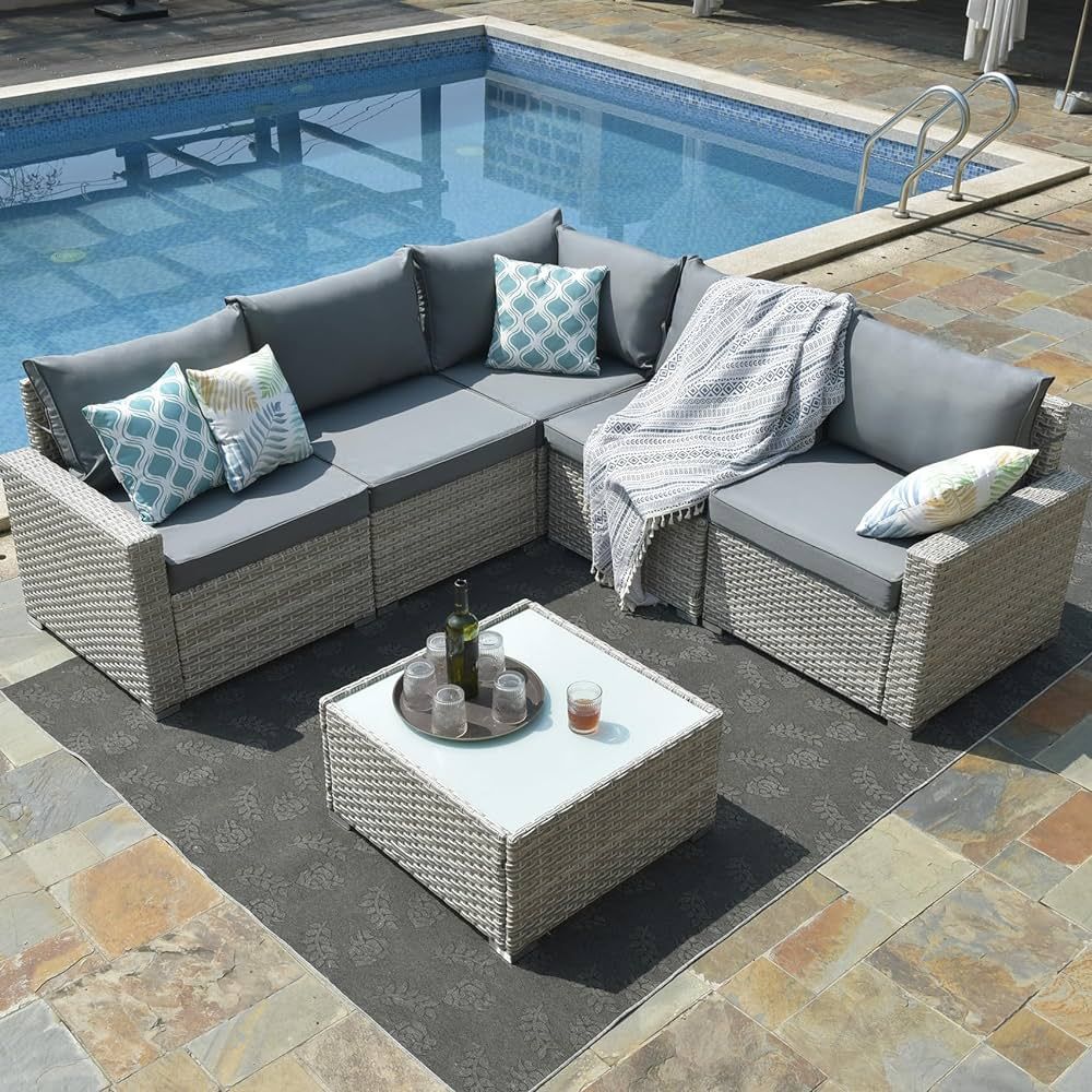 Outdoor 6-Pieces Outdoor Warm Grey Wicker Sectional Sofas Patio Conversation Set W Light Grey Thi... | Amazon (US)