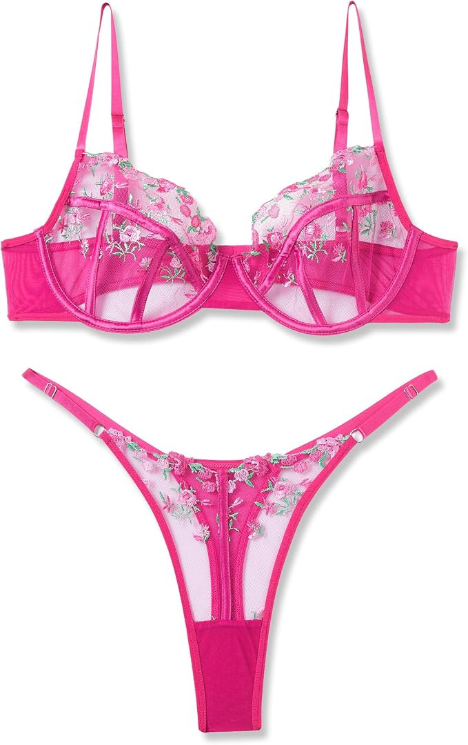Lingerie Sexy Bra and Panty Set for Women See Through Sheer Underwear Cute Exotic Foral Embroider... | Amazon (US)