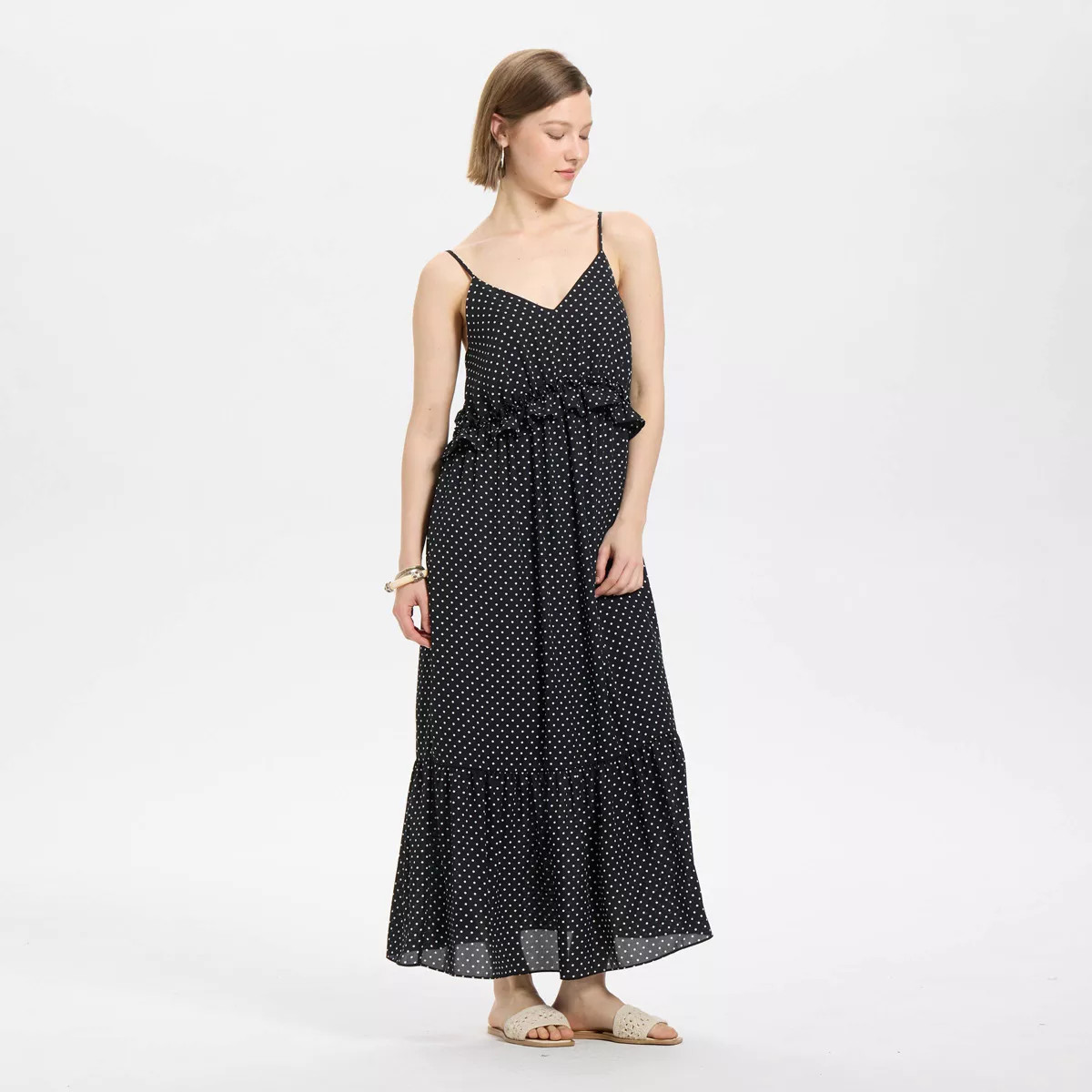 Women's Tiered Midi A-Line Dress - A New Day™ White Polka Dots XXL | Target