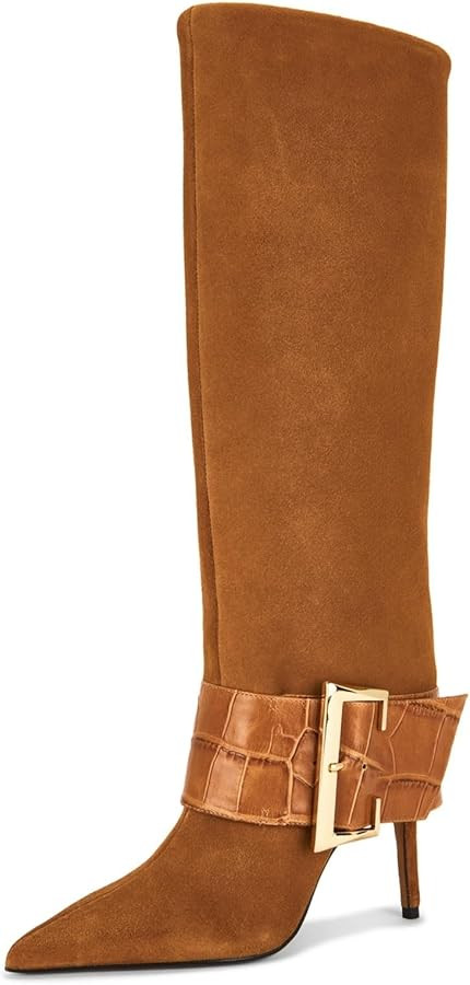 Women Pointed Toe Buckle Stiletto Knee High Boots | Amazon (US)