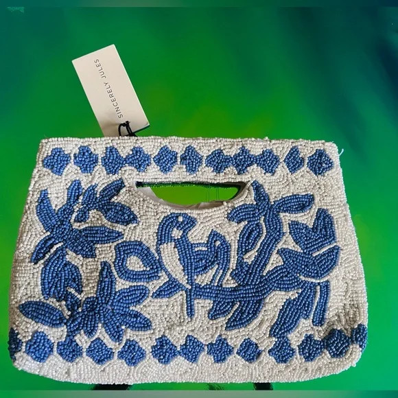 NWT Sincerely Jules Blue & White Birds & Leaves Beaded Clutch | Poshmark