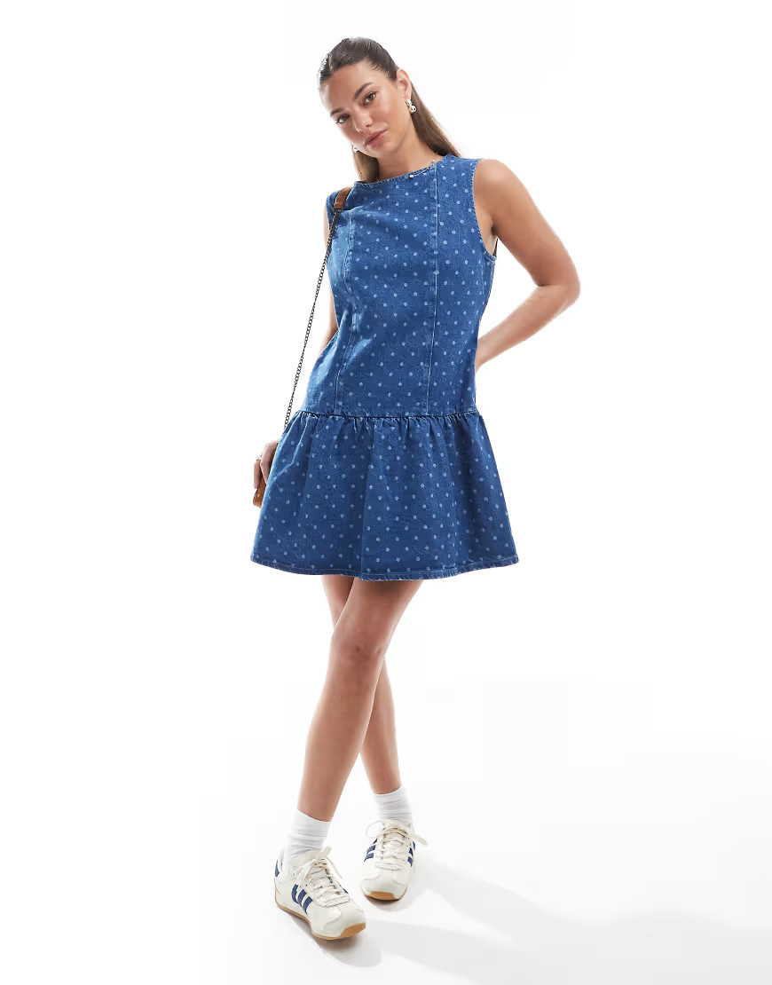 ASOS DESIGN denim dropwaist mini dress in blue polka dot print | ASOS (Global)