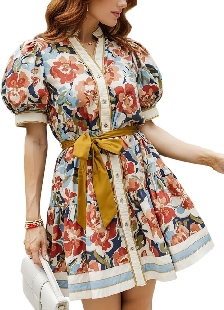 Womens Summer Floral Mini Dress V Neck Short Puff Sleeve Button Down Boho Dresses with Tie Waist | Amazon (US)