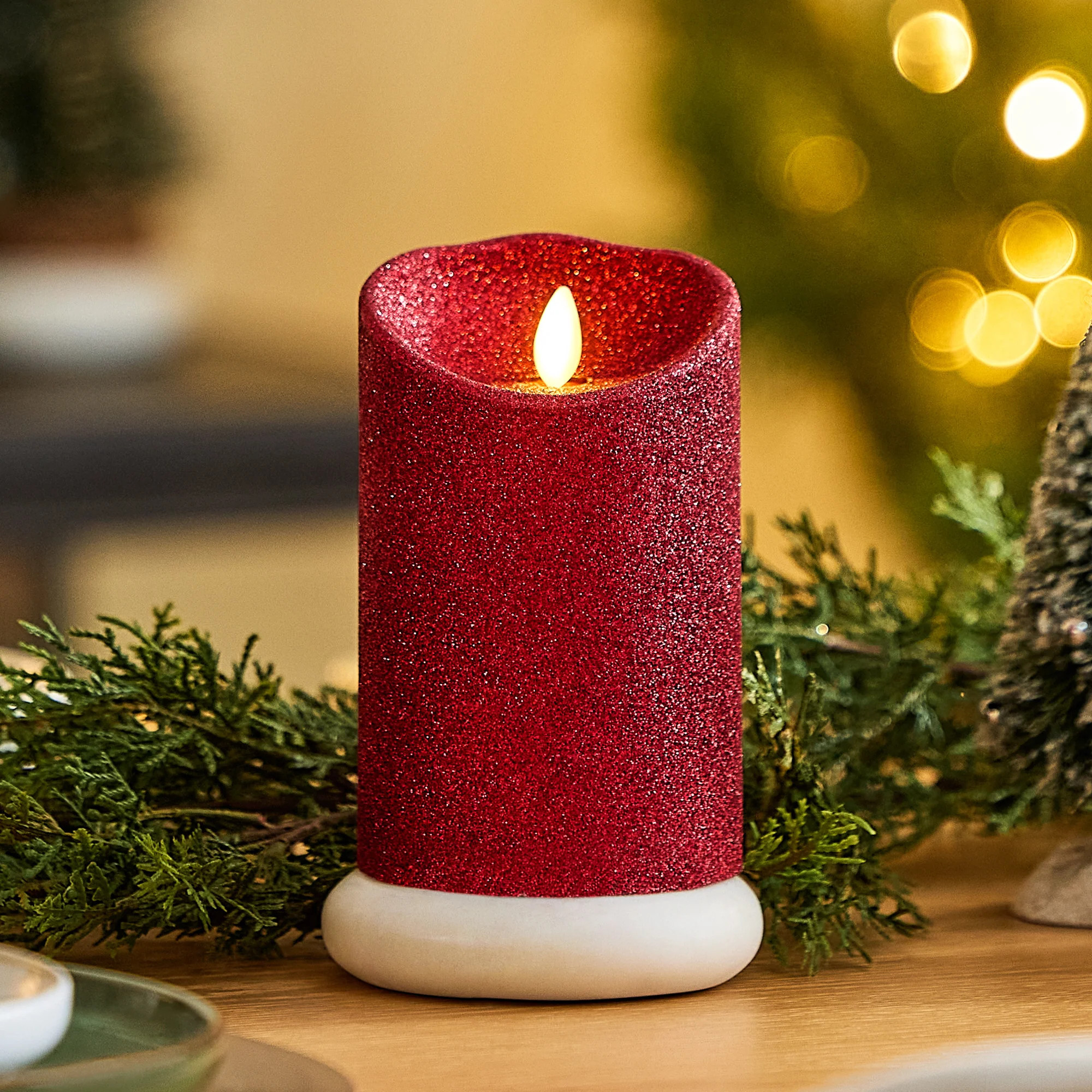 Holiday Red Glitter Flameless Candle Pillar | Luminara