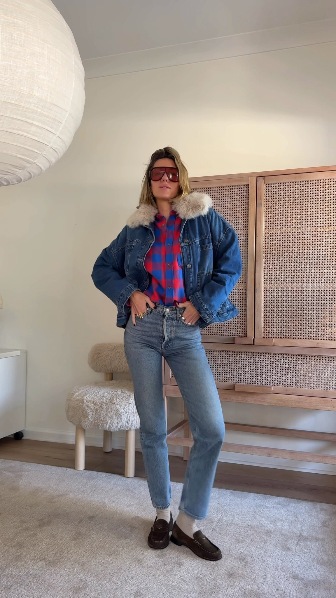 Jacket -S
Button up - XXS
Jeans - sized down one 
Sunglasses - Jimmy Fairly

#LTKootd #LTKU