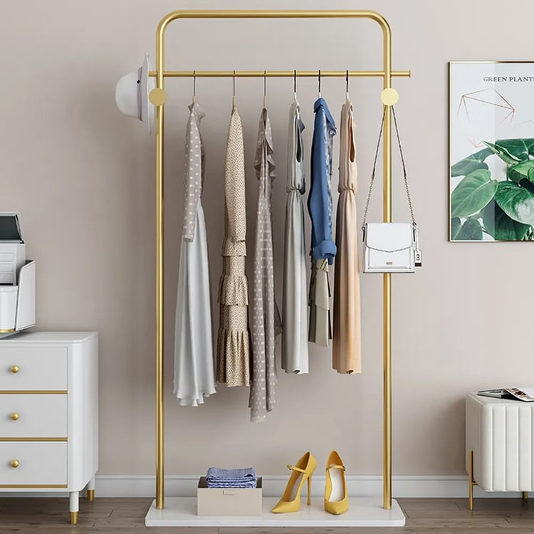 Metal Clothing Rack Freestanding Cloth Rail Rack with Hooks & Marble Base in Gold | Homary