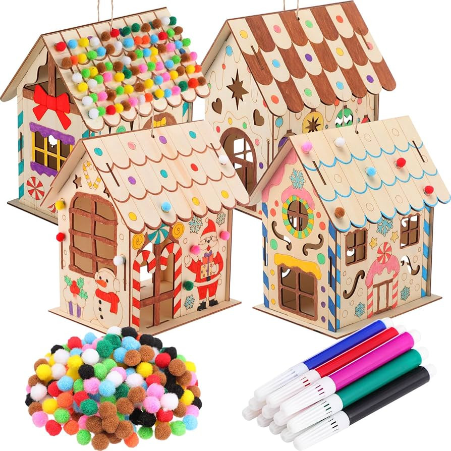 DoubleFill 4 Pack 7 Inch Christmas Gingerbread House Kit for Kids DIY Christmas Village Houses Gi... | Amazon (US)
