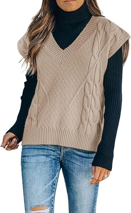 FARYSAYS Women's Sweater Vests V Neck Sleeveless Casual Oversized Knit Sweater Vest Pullover Tops | Amazon (US)