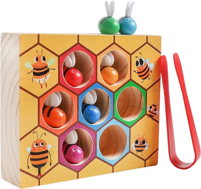 Fine Motor Skill Montessori Toy, Clamp Bee to Hive Matching Game, Wooden for Toddlers,Wood Color ... | Amazon (US)