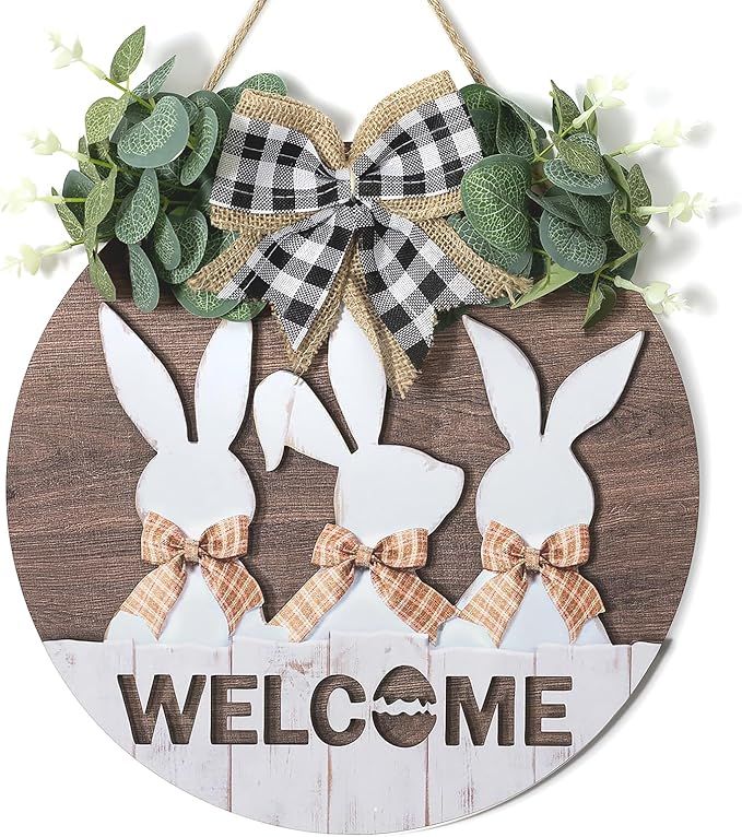 Easter Sign Wall Decor: Front Door Bunny Rabbit Decorations Spring Welcome Wreath Hanging Signs f... | Amazon (US)