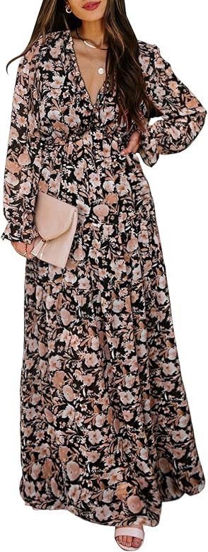 BLENCOT Womens Casual Floral Deep V Neck Long Sleeve Long Evening Dress Cocktail Party Maxi Wedding  | Amazon (US)