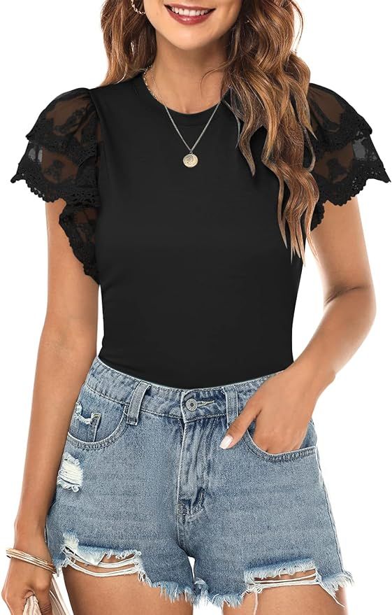 DOROSE Womens Lace Short Sleeve Tops Summer Shirts Casual Blouses T Shirts | Amazon (US)