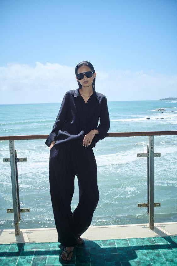 Zara - Pleated Linen Trousers Zw Collection - Navy Blue - S - Woman | Zara UK