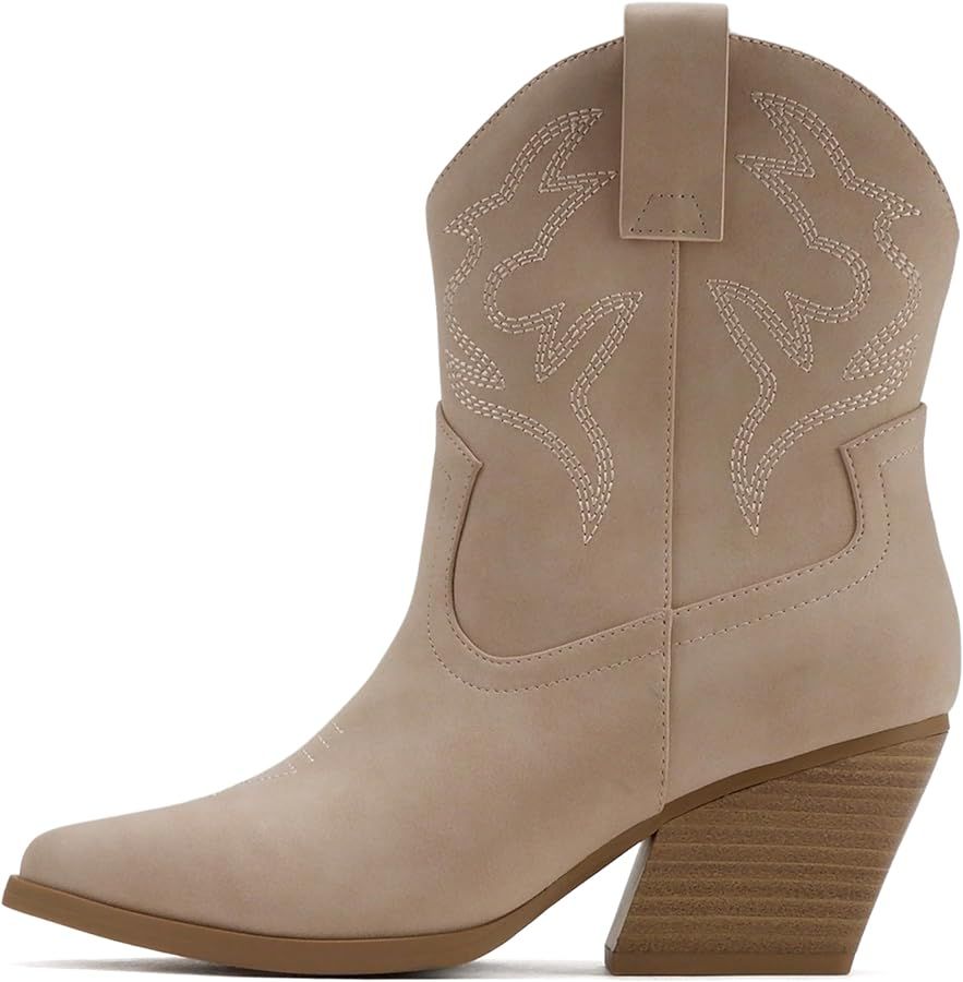 Soda “BLAZING” ~ Women Western Stitched Pointe Toe Low Heel High Top Ankle Shaft Boot Bootie | Amazon (US)