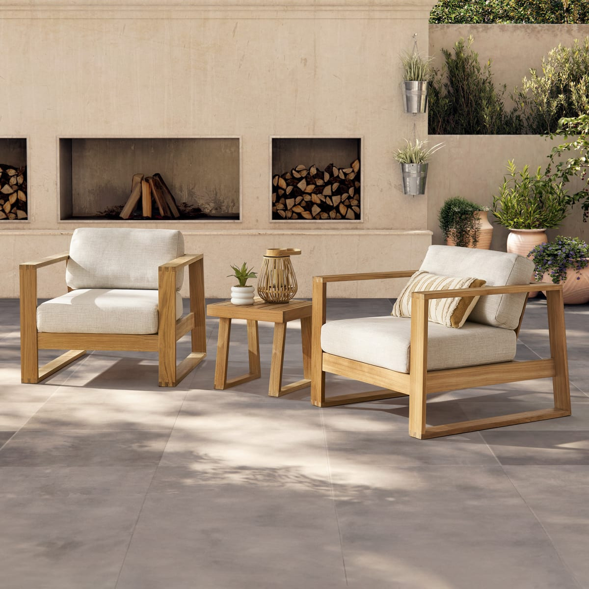 Castlery Teak Outdoor 2 Lounge Chairs with Square Side Table Set - Beige | Castlery US