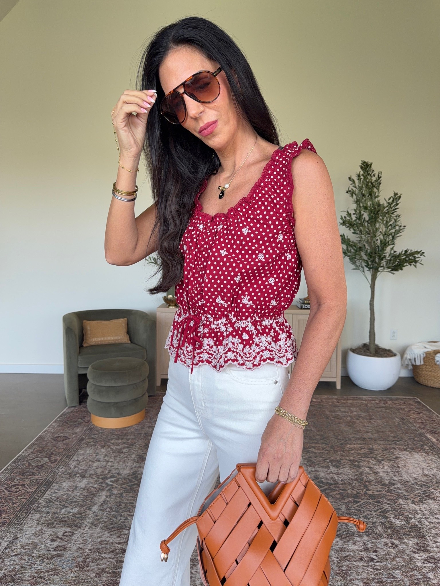 The perfect top for Memorial Day and 4th -
White denim- stretchy but size up 
Top is tts - small