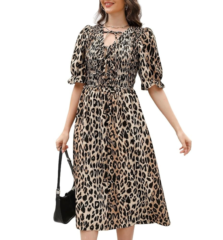 Ladyful Womens Summer Leopard Printed Smocked Midi Dress Puff Sleeve Tie Front V Neck Party Flowy... | Amazon (US)