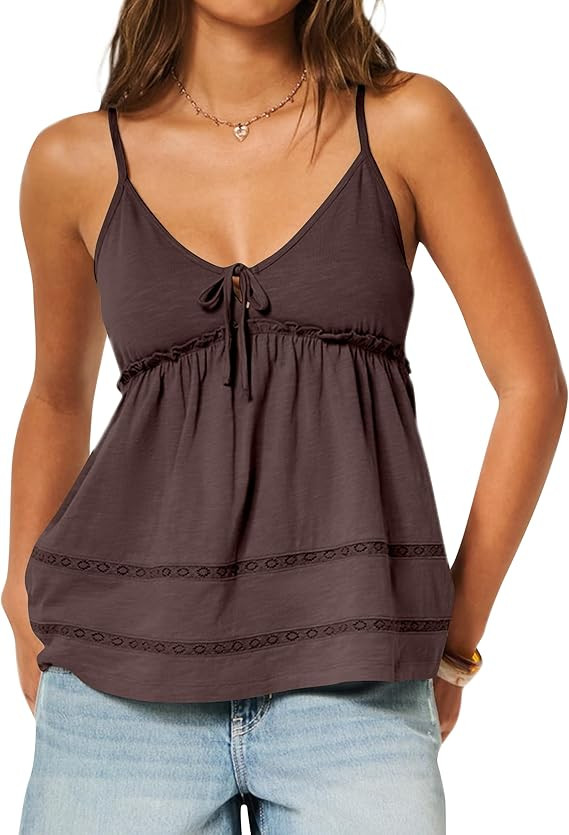 HOCANDY Womens Spaghetti Strap Babydoll Tank Top V Neck Tie Front Eyelet Top Ruffle Lace Trim Pep... | Amazon (US)