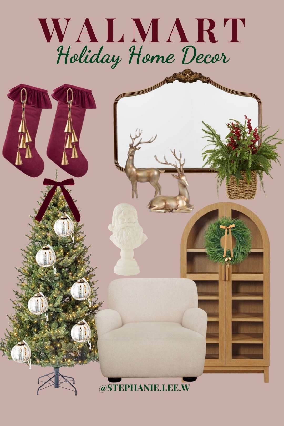 Getting our home holiday ready! ✨ I’m loving how warm and festive everything feels this year. Tree is dressed in rich maroon and beautiful ornaments with a matching bow on top, and the stockings jingling with little bells add the perfect touch of charm. The vintage-style mirror and gold deer brings that cozy, classic holiday vibe, and I can’t get enough of this top-selling accent chair and the Juliet Arch Accent Cabinet in Light Honey Finish—so chic and timeless! Finished it all off with a wreath with gold accents to tie the room together. Holiday decorating never looked so easy and beautiful!🎄

#LTKholiday  #Itkfindsunder50

#LTKHoliday #LTKSeasonal #LTKHome