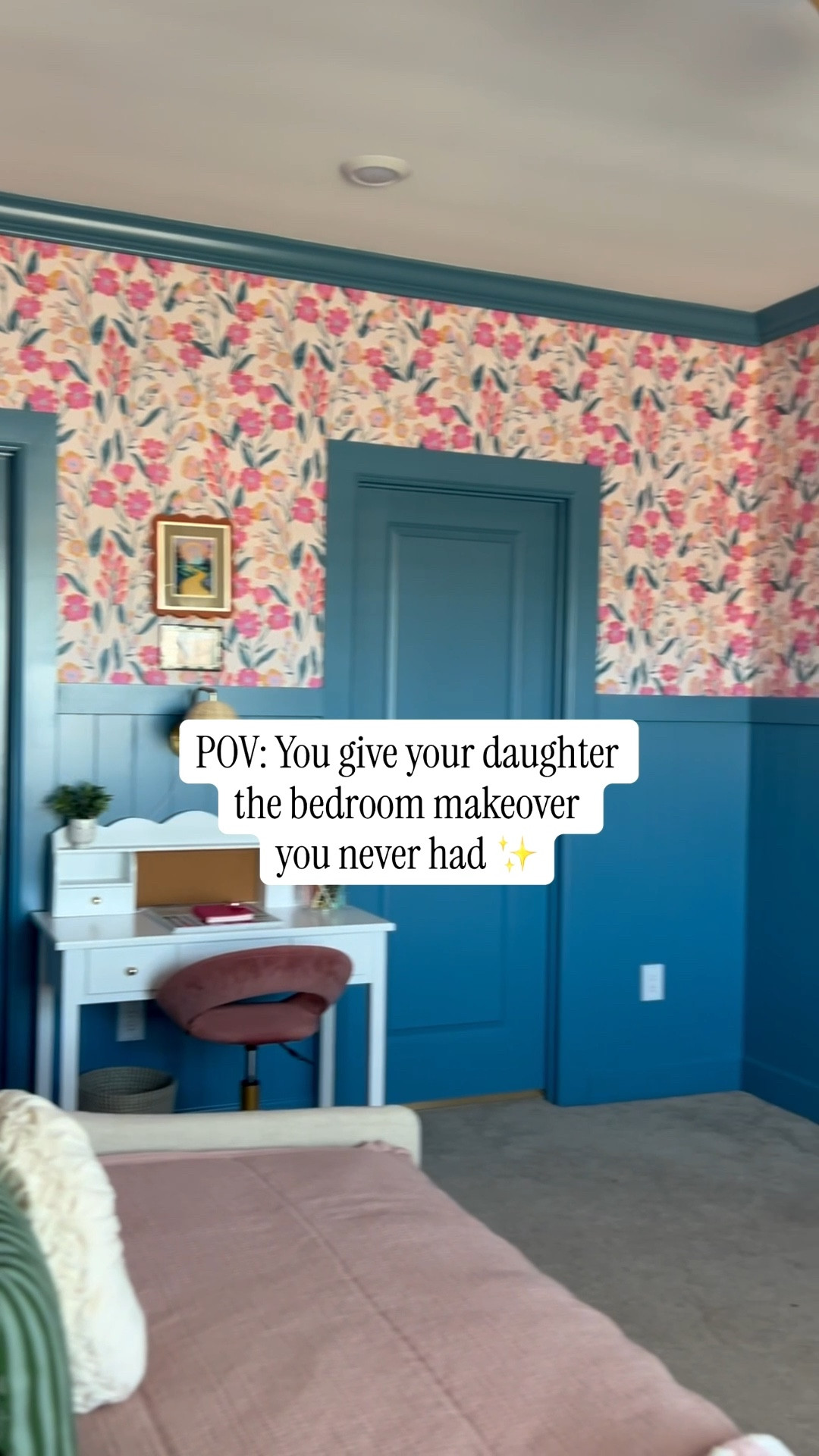 Giving my daughter the dream bedroom I never had ✨ Every detail in this space was chosen with love — from the classic paneling to the soft wallpaper and the dresser I completely refurbished. I linked all the sources that helped me pull it together — paint colors, wallpaper, paneling tools, bedding, and decor.