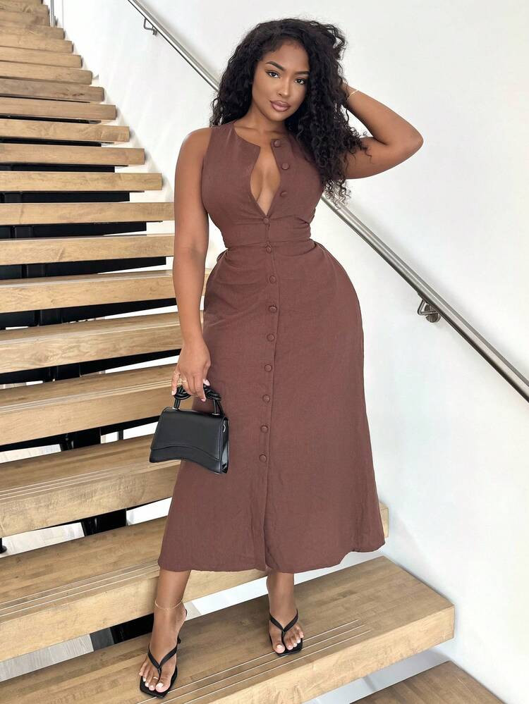 Alexandranx Women's Round Neck, Single-Breasted, Sleeveless, Brown Dress | SHEIN