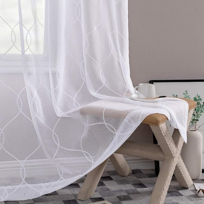 jinchan Sheer Curtains Embroidered Geometric Lattice Wavy Diamond Moroccan Print Semi Sheer for B... | Amazon (US)