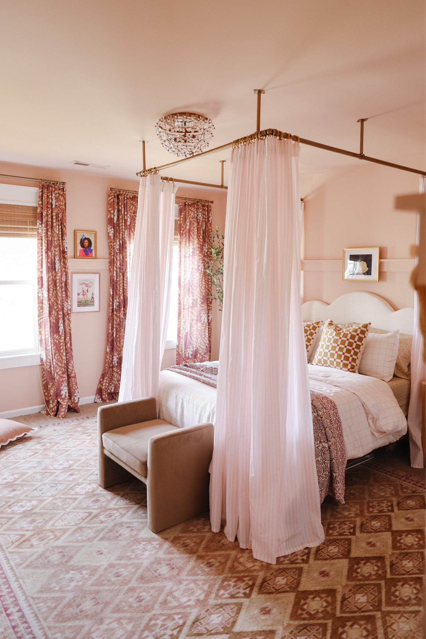 Girls room, pre-teen room, diy canopy bed, upholstered scallop headboard, pink rug, windowpane bedding, patterned curtains

#LTKhome #LTKfamily #LTKkids