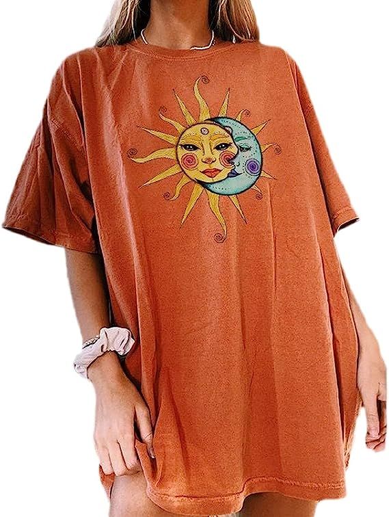 Fenxxxl Womens Round Neck Oversized Tshirts Loose Casual Summer Shirts Junior Tops Boyfriend Grap... | Amazon (US)
