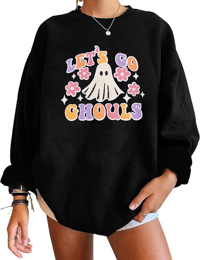 VILOVE Halloween Spooky Sweatshirt Women Lets Go Ghouls Flower Graphic Oversized Shirt Ghost Long... | Amazon (US)