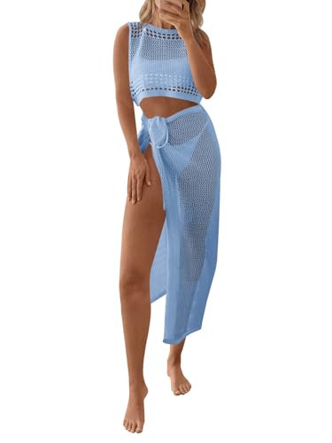 Fisoew Womens Crochet Swim Cover Ups 2 Piece Sleeveless Crop Tops Beach Wrap Skirt Hollow Out Boh... | Amazon (US)