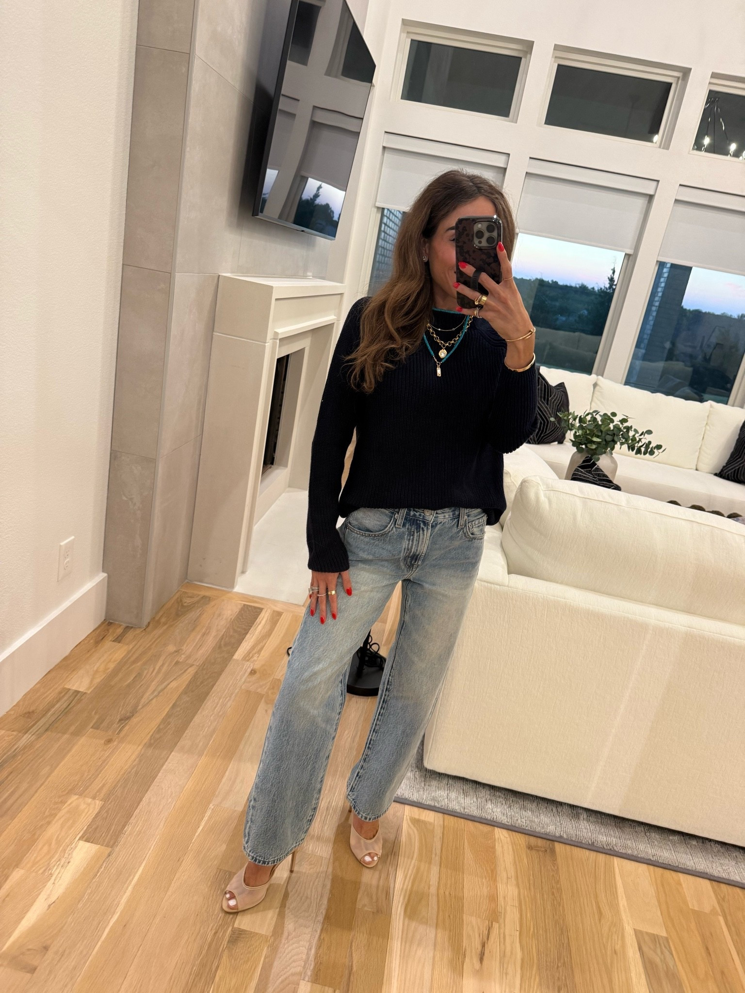 The perfect navy sweater for fall it comes in more colors too! Size xs with petite friendly jeans in 24 petite