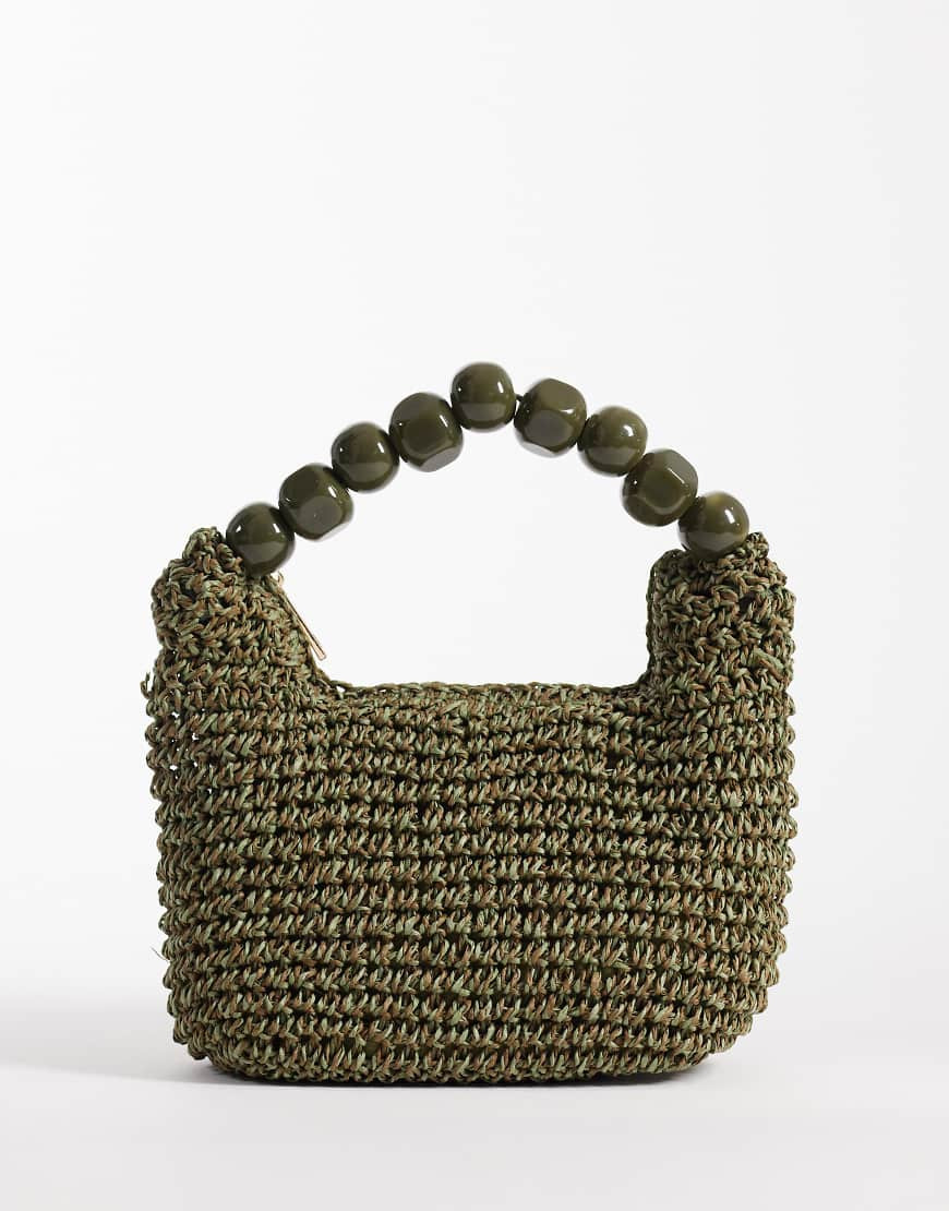 ASOS DESIGN – Clutch-Handtasche aus Stroh in Olivgrün mit Kugelhenkel aus Kunstharz | ASOS (Global)