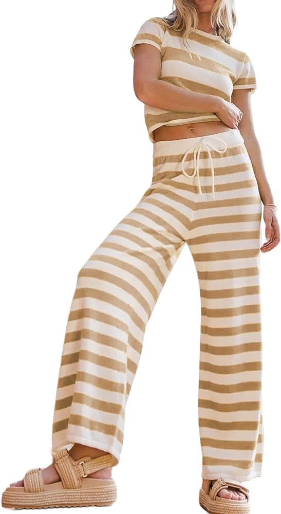Two Piece Striped Knit Sets for Women Short Sleeve Crop Top and Wide Leg Pants Lounge Sets(Khaki-... | Amazon (US)