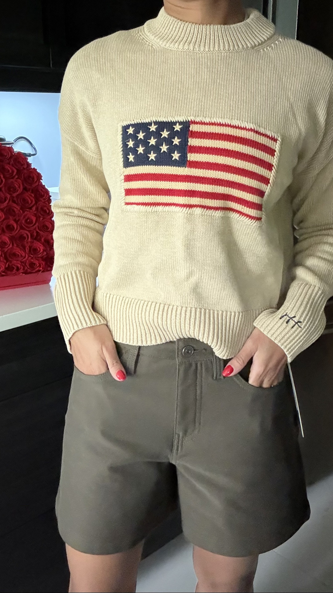 a @lululemon look for Memorial Day with some custom @Tuckernuck. 🤍 🇺🇸 

easy five mid rise 4.5” shorts, olive brown, summer outfits, cropped beachwood Americana sweater.

#LTKPetite #LTKSeasonal