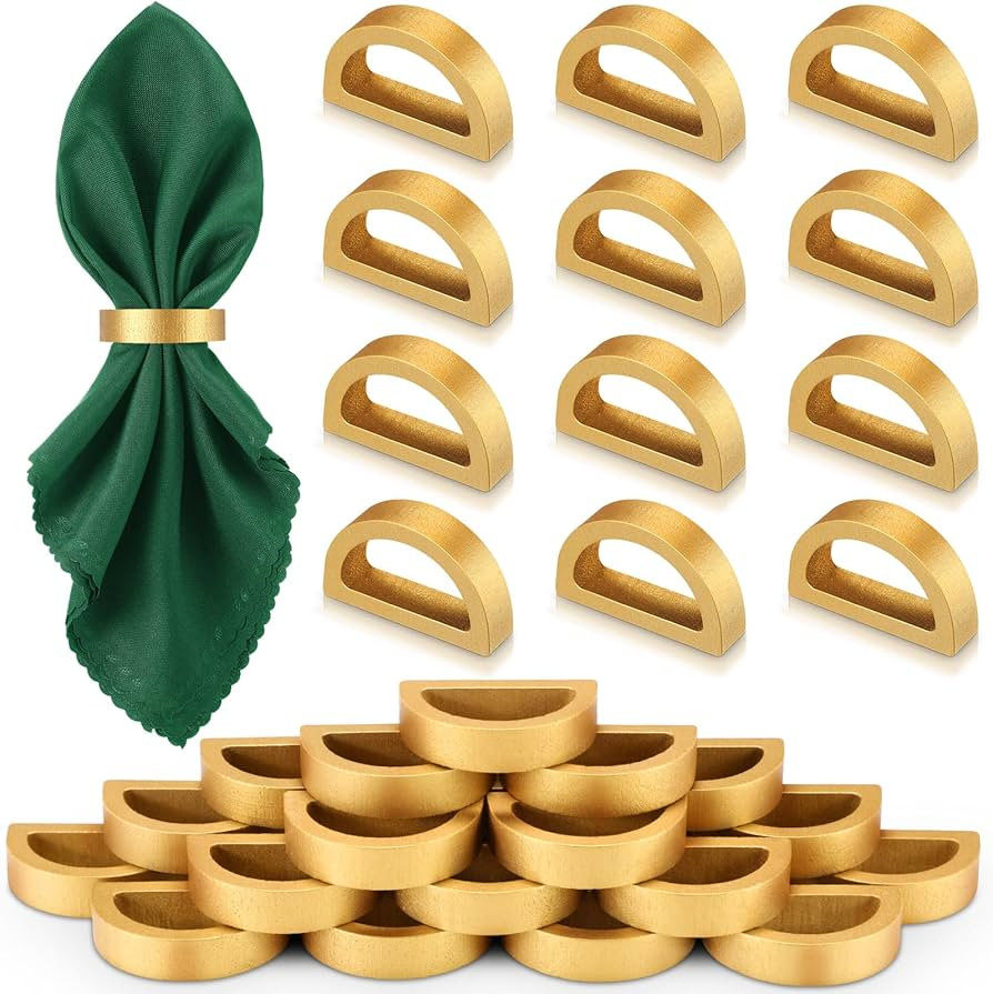 LemonRoad 24 Pcs Gold Wooden Napkin Rings Handmade Napkin Holder Christmas Dining Buckles Farmhou... | Amazon (US)