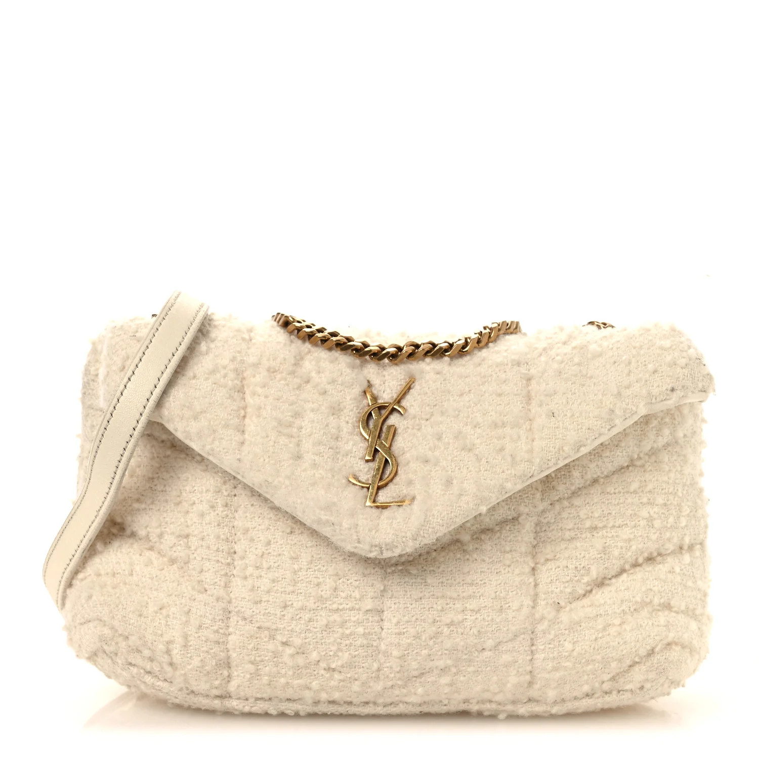 Saint Laurent Boucle Tweed Quilted Toy Loulou Puffer Monogram Chain Satchel Crema Soft 1918900 | FASHIONPHILE (US)