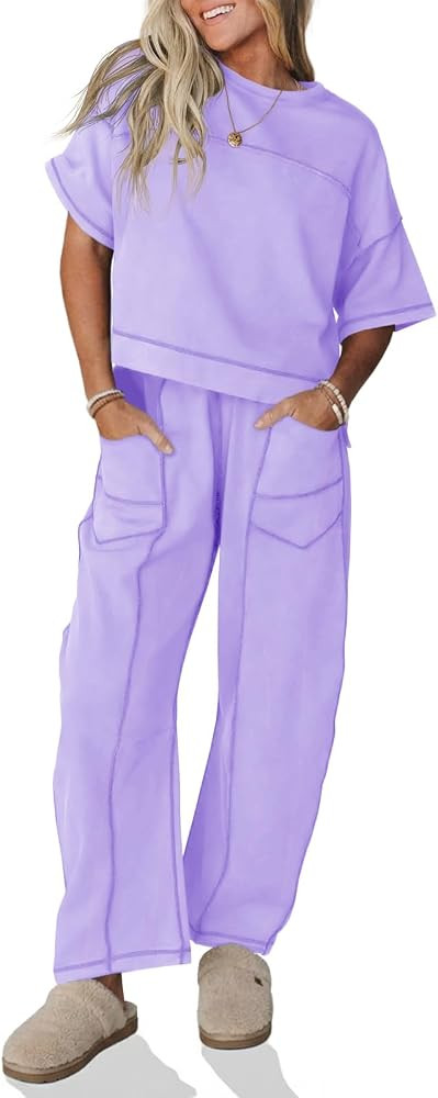 Fisoew Womens 2 Piece Outfits Lounge Sets Short Sleeve Tops and Wide Leg Pants Travel Vacation Ca... | Amazon (US)