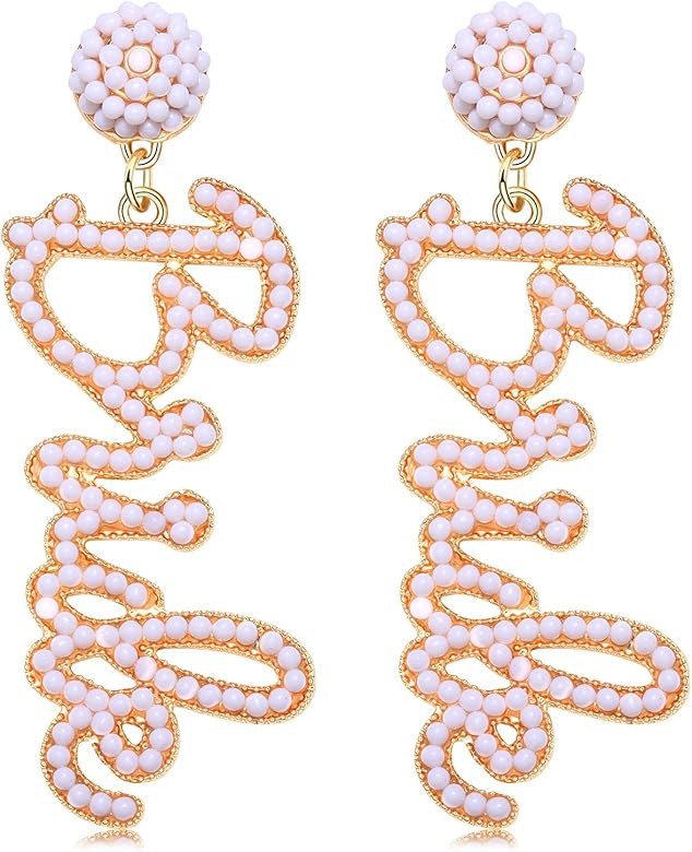 Bride Earrings Beaded Wedding Earrings for Women Delicate Letter Bride Dangle Drop Earrings Bridesma | Amazon (US)